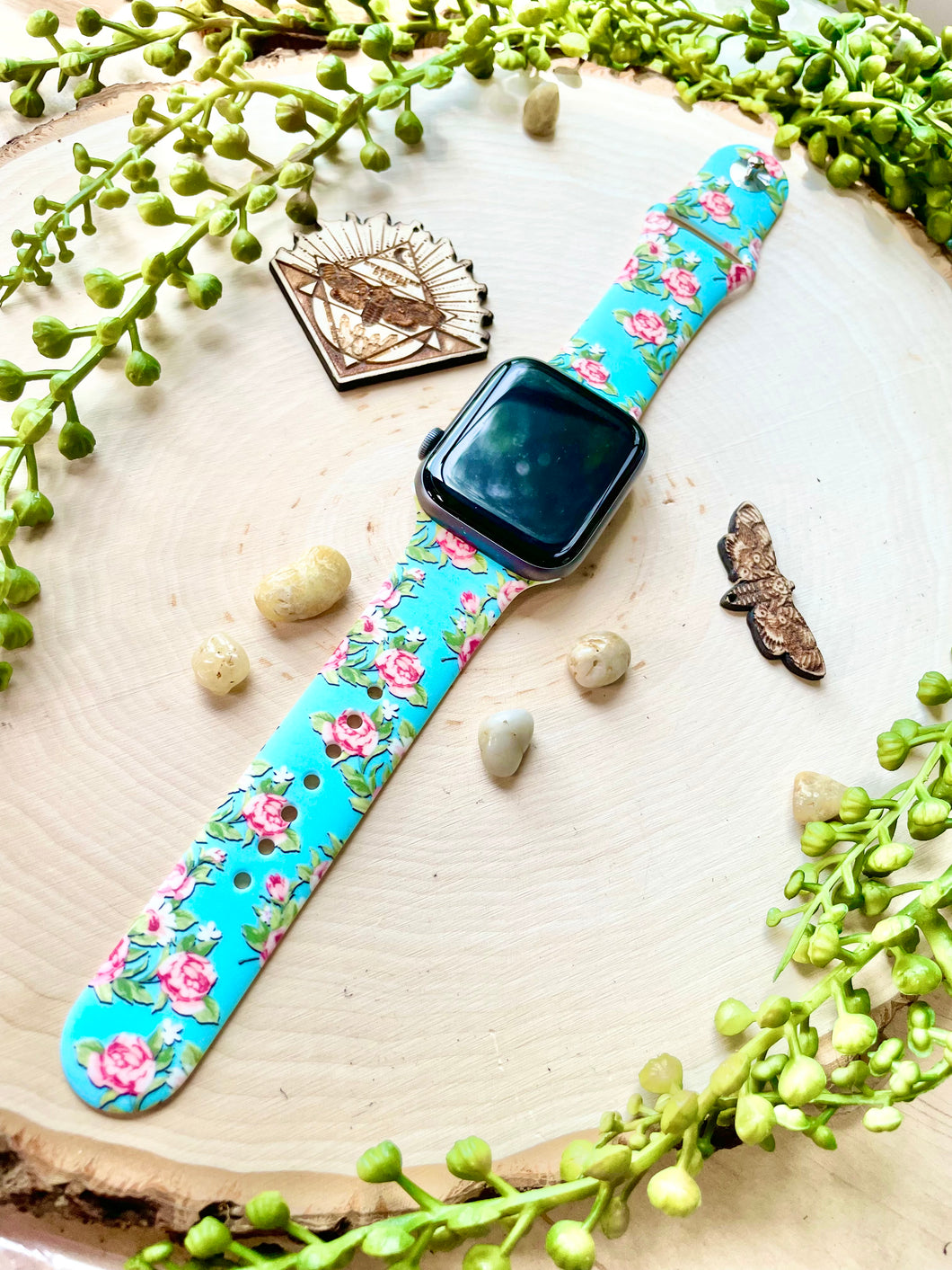 Pink with pink roses silicone watchband